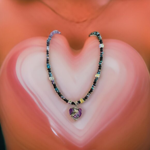 Purple/Black /Crystal Necklace w Dragon pendant  20 inch - Picture 1 of 2